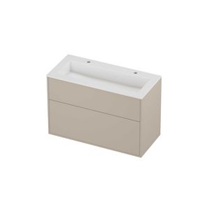 Aristo Set polystone Elegant wastafel met 2 kraangaten en onderkast tbv grepen 2 laden a-symmetrisch in kader 1000x460x670mm glans wit/Soft linen