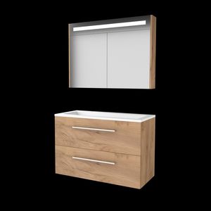 Set PREMIUM-46 onderkast whisky oak 100cm grepen chroom 2x la acryl wastafel 2x kraangat spiegelkast geïn. LED-verl. (P46GR100A2WO)
