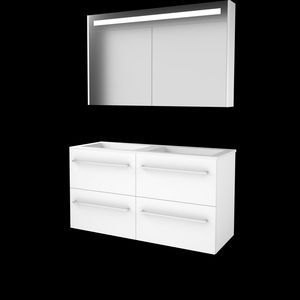 Set PREMIUM-46 onderkast ice white 120cm (2x 60cm) grepen chroom 4x la acryl wastafel z/ kraangat spiegelkast geïn. LED-verl. (P46GR120AIW)