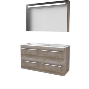 Set PREMIUM-46 onderkast scotch oak 120cm (2x 60cm) grepen chroom 4x la acryl wastafel z/ kraangat spiegelkast geïn. LED-verl. (P46GR120ASO)