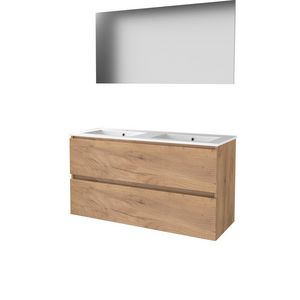 Set BASIC-46 onderkast 120cm Whisky Oak greeploos 2x la porselein wastafel 2x kraangat spiegel op plaat (B46GL1202PWO)