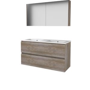 Set COMFORT-46 onderkast 120cm Scotch Oak greeploos 2x la porselein wastafel 2x kraangat spiegelkast (C46GL1202PSO)