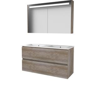 Set PREMIUM-46 onderkast scotch oak 120cm greeploos 2x la porselein wastafel 2x kraangat spiegelkast geïn. LED-verl. (P46GL1202PSO)