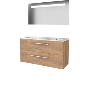 Set ECONOMIC-46 onderkast whisky oak 120cm grepen chroom 2x la porselein wastafel 2x kraangat spiegel geïn. LED-verl. (E46GR1202PWO)