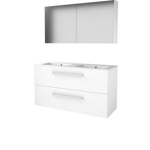 Set COMFORT-46 onderkast 120cm Ice White grepen chroom 2x la porselein wastafel 2x kraangat spiegelkast (C46GR1202PIW)