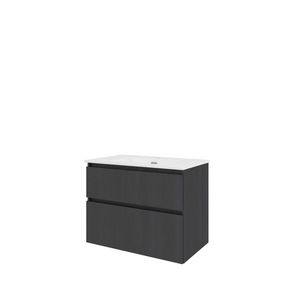 Set Proline porselein Elegant wastafel wit met 1 kraangat onderkast asymmetrisch black oak 80x46cm
