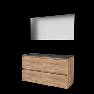 Set BASIC-46 onderkast 120cm Whisky Oak (2x 60cm) greeploos 4x la hardstenen wastafel z/ kraangat spiegel op plaat (B46GL120H0WO)