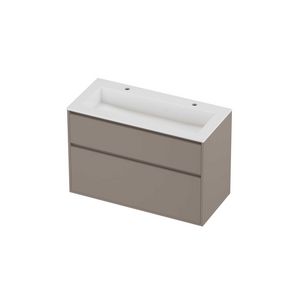 Aristo Set polystone Elegant wastafel met 2 kraangaten en onderkast greeploos 2 laden a-symmetrisch in kader 1000x460x670mm glans wit/Clay beige