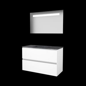 Set ECONOMIC-46 onderkast ice white 100cm greeploos 2x la hardstenen wastafel 1x kraangat spiegel geïn. LED-verl. (E46GL100H1IW)