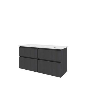 Set Proline porselein Elegant dubb. wastafel wit met 2 kraangaten onderkast 4x la asymmetrisch black oak 120x46cm