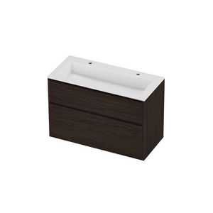 Aristo Set polystone Elegant wastafel met 2 kraangaten en onderkast greeploos 2 laden a-symmetrisch in kader 1000x460x670mm glans wit/Mokka oak