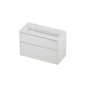 Aristo Set polystone Elegant wastafel met 2 kraangaten en onderkast greeploos 2 laden a-symmetrisch in kader 1000x460x670mm glans wit/matt white