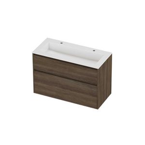 Aristo Set polystone Elegant wastafel met 2 kraangaten en onderkast greeploos 2 laden a-symmetrisch in kader 1000x460x670mm glans wit/Vital oak