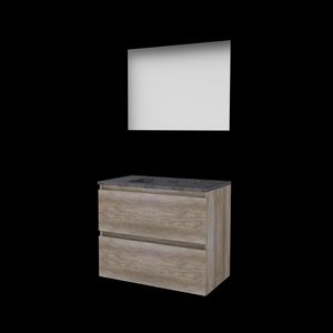 Set ULTIMATE-46 onderkast scotch oak 80cm greeploos 2x la hardstenen wastafel z/ kraangat spiegel ind. LED-verl. ↑+↓ (U46GL80H0SO)