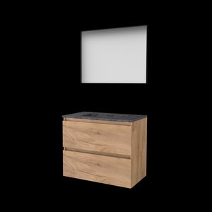 Set FRAMED-46 onderkast whisky oak 80cm greeploos 2x la hardstenen wastafel z/ kraangat spiegel frame mat zwart (F46GL80H0WO)