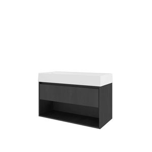 Set Proline porselein Loft wastafel wit met 2 kraangaten onderkast 1x lade+schap black oak 100x46cm