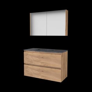 Set COMFORT-46 onderkast 100cm Whisky Oak greeploos 2x la hardstenen wastafel z/ kraangat spiegelkast (C46GL100H0WO)