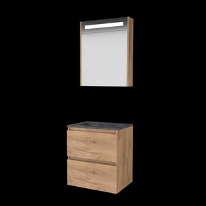 Set PREMIUM-46 onderkast whisky oak 60cm greeploos 2x la hardstenen wastafel 1x kraangat spiegelkast geïn. LED-verl. (P46GL60H1WO)