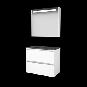 Set PREMIUM-46 onderkast ice white 80cm greeploos 2x la hardstenen wastafel z/ kraangat spiegelkast geïn. LED-verl. (P46GL80H0IW)
