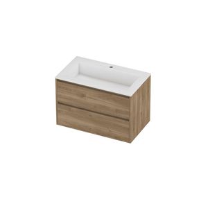 Aristo Set polystone Elegant wastafel met 1 kraangat en onderkast greeploos 2 laden symmetrisch in kader 800x460x540mm glans wit/Cider oak