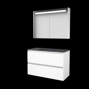 Set PREMIUM-46 onderkast ice white 100cm greeploos 2x la hardstenen wastafel z/ kraangat spiegelkast geïn. LED-verl. (P46GL100H0IW)