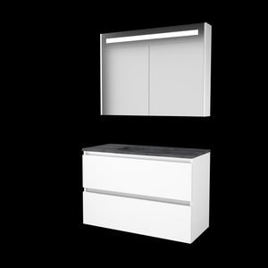 Set PREMIUM-46 onderkast ice white 100cm greeploos 2x la hardstenen wastafel 1x kraangat spiegelkast geïn. LED-verl. (P46GL100H1IW)