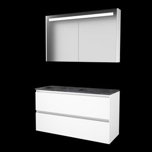 Set PREMIUM-46 onderkast ice white 120cm greeploos 2x la hardstenen wastafel z/ kraangat spiegelkast geïn. LED-verl. (P46GL1202H0IW)