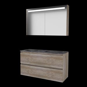 Set PREMIUM-46 onderkast scotch oak 120cm greeploos 2x la hardstenen wastafel z/ kraangat spiegelkast geïn. LED-verl. (P46GL1202H0SO)