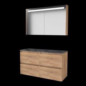 Set PREMIUM-46 onderkast whisky oak 120cm (2x 60cm) greeploos 4x la hardstenen wastafel z/ kraangat spiegelkast geïn. LED-verl. (P46GL120H0WO)