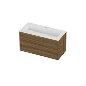 Aristo Set polystone Elegant wastafel met 1 kraangat en onderkast tbv grepen 2 laden symmetrisch in kader 1000x460x540mm glans wit/Caramel walnut