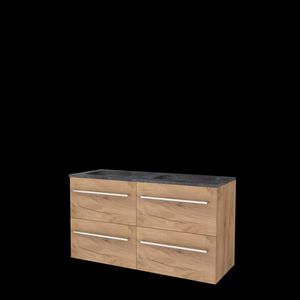 Set START-46 onderkast whisky oak 120cm (2x 60cm) grepen chroom 4x la hardstenen wastafel 2x kraangat (S46GR120H2WO)