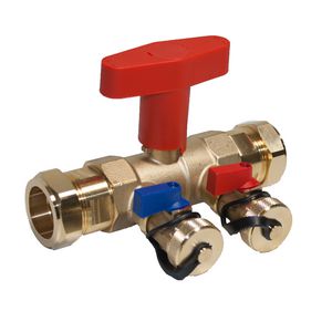 Spoel- en vul/aftapkraan solar/geothermie 28mm knel + 2x aansluiting 3/4" met stop (kleine blauwe hendel)