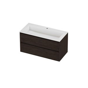 Aristo Set polystone Elegant wastafel met 1 kraangat en onderkast greeploos 2 laden symmetrisch in kader 1000x460x540mm glans wit/Mokka oak