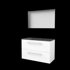 Set BASIC-46 onderkast 100cm Ice White met grepen 2x la hardstenen wastafel z/ kraangat spiegel op plaat (B46GR100H0IW)