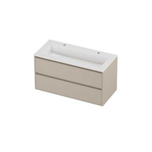 Aristo Set polystone Elegant wastafel met 2 kraangaten en onderkast greeploos 2 laden symmetrisch in kader 1000x460x540mm glans wit/Soft linen