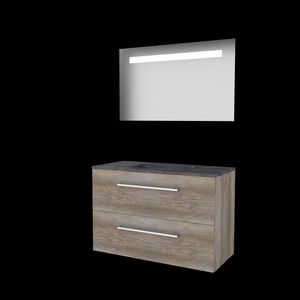 Set ECONOMIC-46 onderkast scotch oak 100cm grepen chroom 2x la hardstenen wastafel 1x kraangat spiegel geïn. LED-verl. (E46GR100H1SO)