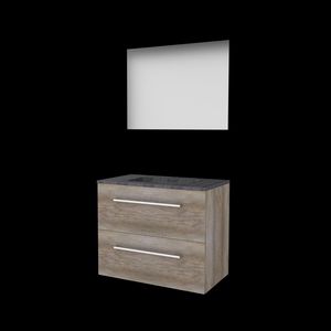 Set ULTIMATE-46 onderkast scotch oak 80cm grepen chroom 2x la hardstenen wastafel 1x kraangat spiegel ind. LED-verl. ↑+↓ (U46GR80H1SO)