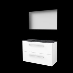 Set FRAMED-46 onderkast ice white 100cm grepen chroom 2x la hardstenen wastafel 1x kraangat spiegel frame mat zwart (F46GR100H1IW)