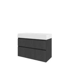 Set Proline porselein Loft wastafel wit met 2 kraangaten onderkast asymmetrisch black oak 100x46cm
