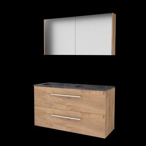 Set COMFORT-46 onderkast 120cm Whisky Oak grepen chroom 2x la hardstenen wastafel 2x kraangat spiegelkast (C46GR1202H2WO)