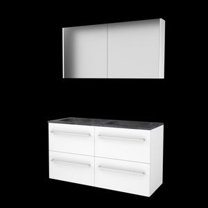 Set COMFORT-46 onderkast 120cm Ice White (2x 60cm) grepen chroom 4x la hardstenen wastafel 2x kraangat spiegelkast (C46GR120H2IW)