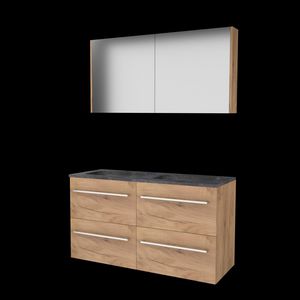 Set COMFORT-46 onderkast 120cm Whisky Oak (2x 60cm) grepen chroom 4x la hardstenen wastafel 2x kraangat spiegelkast (C46GR120H2WO)