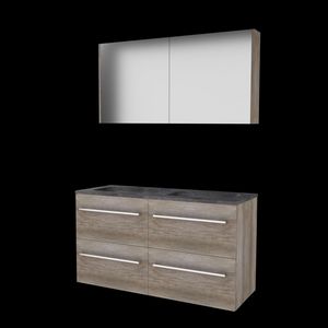 Set COMFORT-46 onderkast 120cm Scotch Oak (2x 60cm) grepen chroom 4x la hardstenen wastafel 2x kraangat spiegelkast (C46GR120H2SO)