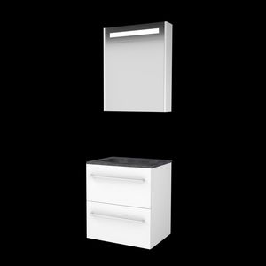 Set PREMIUM-46 onderkast ice white 60cm grepen chroom 2x la hardstenen wastafel z/ kraangat spiegelkast geïn. LED-verl. (P46GR60H0IW)
