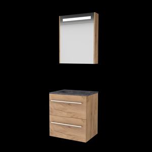 Set PREMIUM-46 onderkast whisky oak 60cm grepen chroom 2x la hardstenen wastafel z/ kraangat spiegelkast geïn. LED-verl. (P46GR60H0WO)