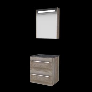 Set PREMIUM-46 onderkast scotch oak 60cm grepen chroom 2x la hardstenen wastafel z/ kraangat spiegelkast geïn. LED-verl. (P46GR60H0SO)