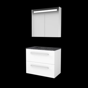 Set PREMIUM-46 onderkast ice white 80cm grepen chroom 2x la hardstenen wastafel z/ kraangat spiegelkast geïn. LED-verl. (P46GR80H0IW)