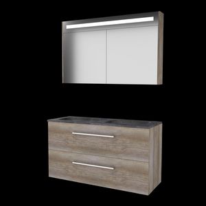 Set PREMIUM-46 onderkast scotch oak 120cm grepen chroom 2x la hardstenen wastafel z/ kraangat spiegelkast geïn. LED-verl. (P46GR1202H0SO)