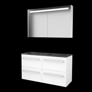Set PREMIUM-46 onderkast ice white 120cm (2x 60cm) grepen chroom 4x la hardstenen wastafel z/ kraangat spiegelkast geïn. LED-verl. (P46GR120H0IW)