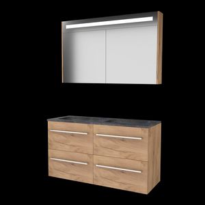 Set PREMIUM-46 onderkast whisky oak 120cm (2x 60cm) grepen chroom 4x la hardstenen wastafel z/ kraangat spiegelkast geïn. LED-verl. (P46GR120H0WO)